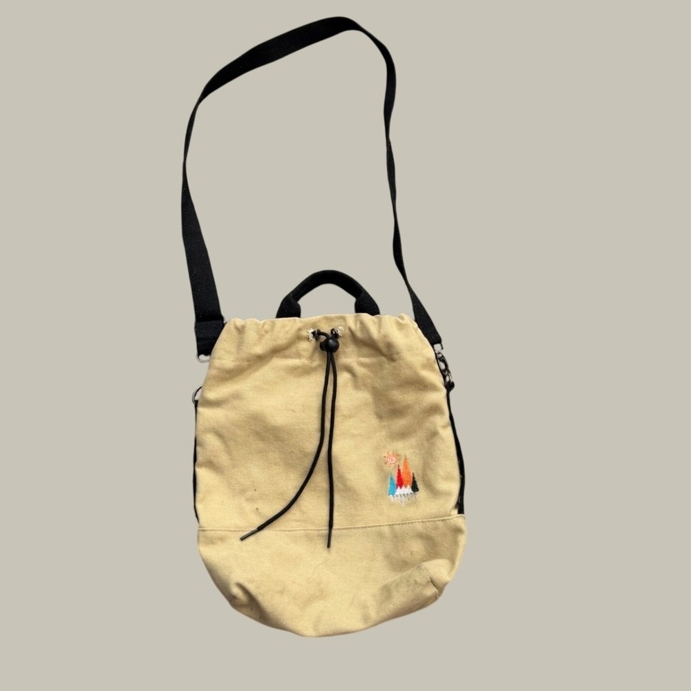 Tan Canvas Drawstring Crossbody Bag Mountain Sun Embroidery Gorpcore Streetwear